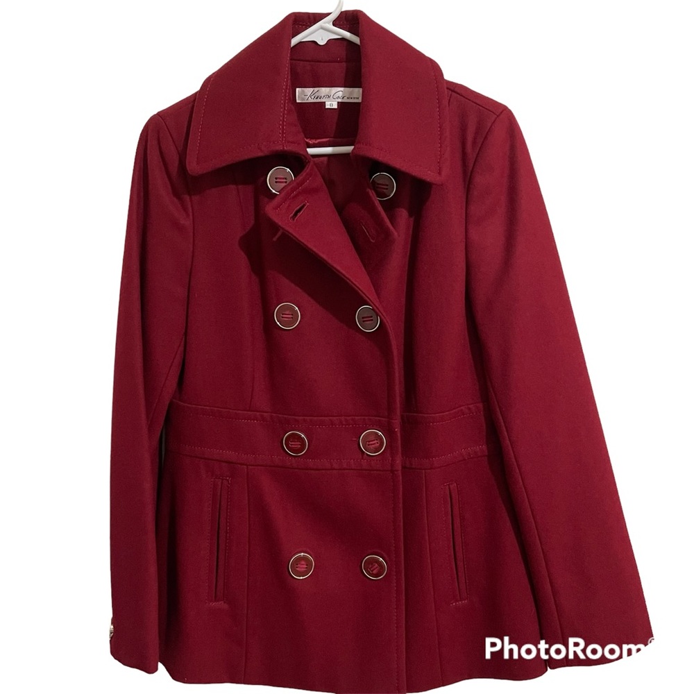Kenneth Cole Crimson Double Breasted Wool Blend Mid Length Pea Coat size 8